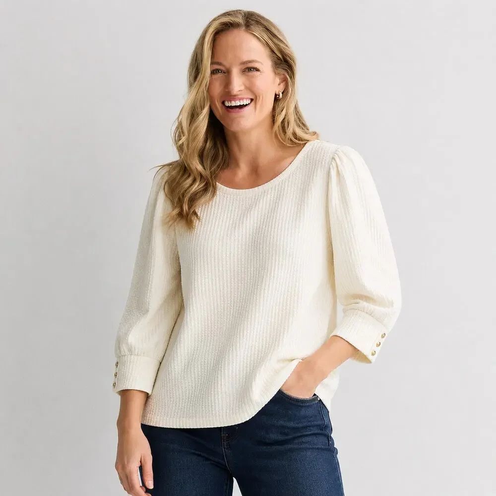 Talbots XL Ivory Waffle Knit Puff Sleeve Top Thermal Cotton Blend Quiet Luxury